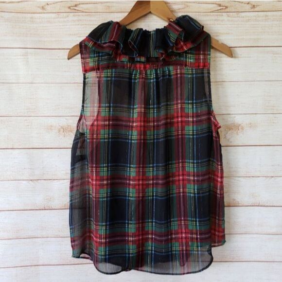J. Crew Ruffle Collar Stewart Tartan Plaid Sleeveless Button Top Blouse Medium - Picture 7 of 11
